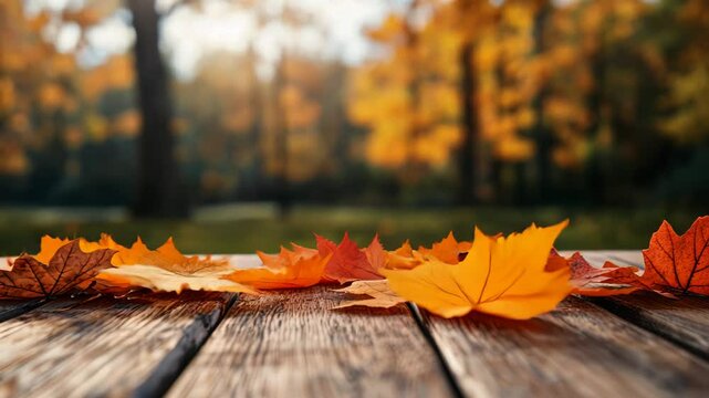Autumn leaves gracefully fall onto a wooden deck in a serene forest, evoking Thanksgiving and harvest season