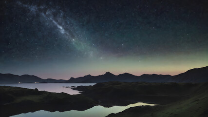 Fototapeta premium A starry sky on a crisp, clear night, with bright constellations visible and a faint aurora in the distance, illuminating the horizon 