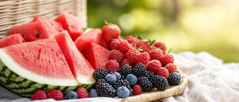 Fresh assortment of berries and watermelon on a rustic table in soft lighting.