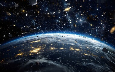 Obraz premium Stunning view of earth from space with debris and satellites