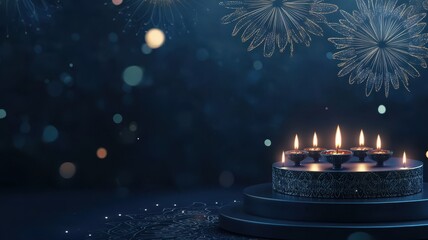 Banner design for diwali festival and podium,Diwali light decoration candle with fireworks,Stage,Product display Showcase design sparkle background,Deepavali,Dipavali,3D podium illustration.
