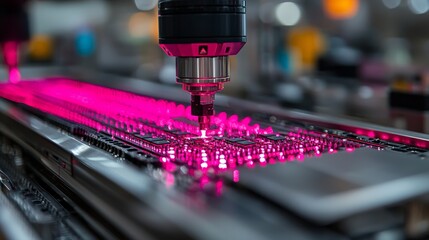 A close-up of a robotic arm assembling a circuit board with vibrant pink lighting.