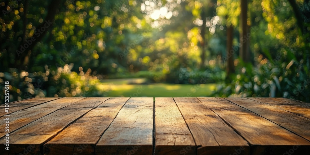 Poster empty wooden table with green bokeh background