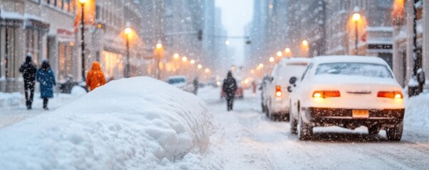 Snowy urban street scene with cars and pedestrians in winter weather.