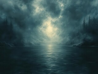 Fototapeta premium dark clouds loom over a foggy landscape with a misty light breaking through creating a haunting yet beautiful atmosphere filled with mystery and depth