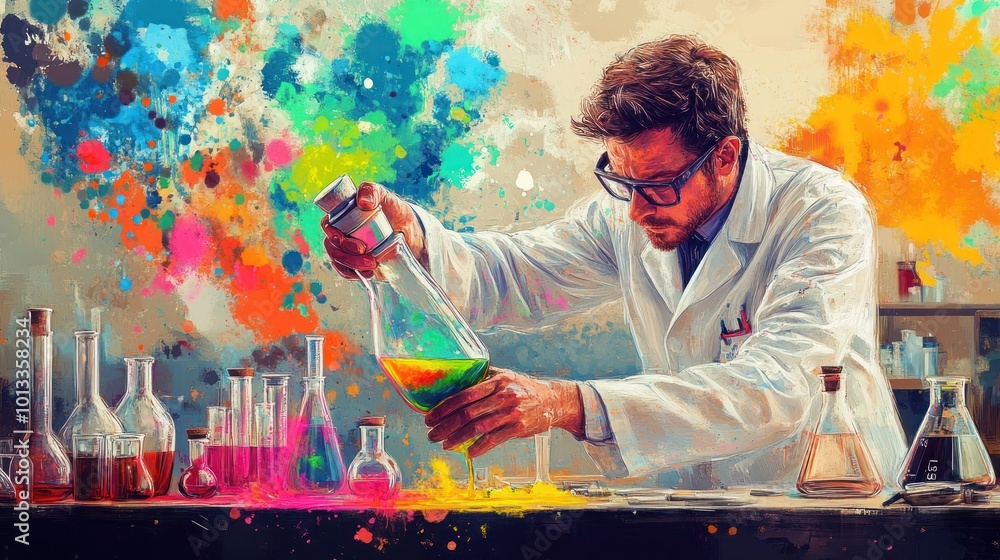 Poster A scientist in a lab coat pours colorful liquid from a flask, surrounded by a vibrant explosion of colors.