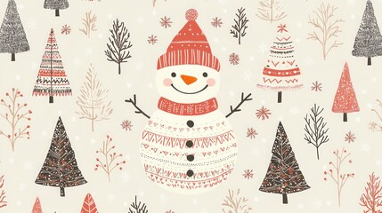Seamless pattern with a snowman wearing a knitted hat and scarf standing in a snowy winter forest with Christmas trees.