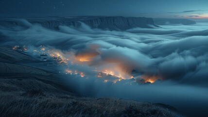 Fototapeta premium very thick and wavy sea of ​​clouds covers a village at night, the village light and the car trail light lighten the clouds and make the clouds glow.
