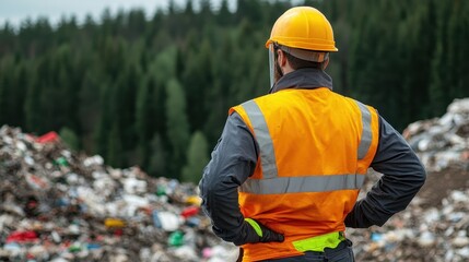 Worker surveys a landfill site surrounded by dense trees, showcasing environmental impact.