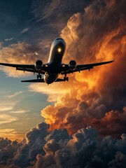 Passenger airplane flying through dramatic sunset clouds