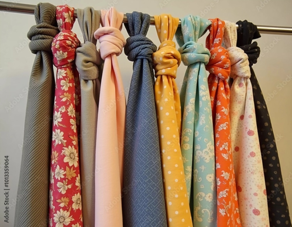 Poster intricately tied curtain knots hang gracefully in a textile shop, displaying a vibrant array of colo