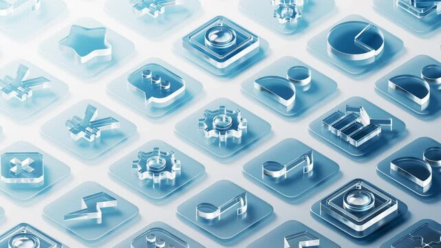 Transparent glass icons background, 3d rendering.