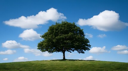 Obraz premium Lone tree on a grassy hill against a blue sky