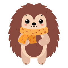 Hedgehog wearing warm scarf. Сute winter forest animal, isolated on white background. Flat vector illustration. Winter and autumn design, cold weather emoticon sticker.