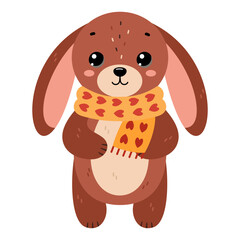 Hare wearing warm scarf. Сute winter forest animal, isolated on white background. Flat vector illustration. Winter and autumn design, cold weather emoticon sticker.