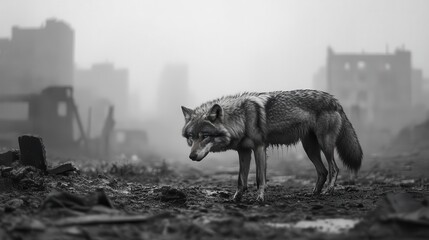 Fototapeta premium A tilted angle view of a lone wolf navigating a desolate