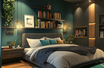 A teal and grey bedroom with a shelf, lamps, a bed frame, and decorative pillows.