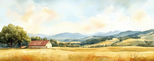 Fototapeta premium Minimalist portrayal of rural life in a panoramic landscape, emphasizing open fields and gentle hills, muted tones, capturing the essence of beauty and simplicity, watercolor style