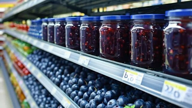 Blueberry jam in a glass jar on shelves at the supermarket.