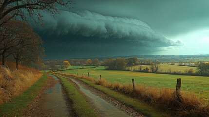 Fototapeta premium landscape with dark stormy clouds. approaching storm over a country road