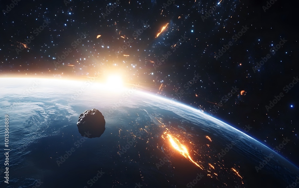 Wall mural stunning view of earth from space with asteroid approaching