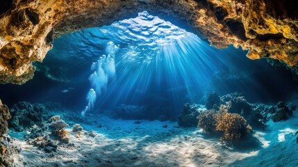 Obraz premium Underwater scene with sunlight filtering through water, revealing marine life and coral formations.