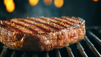 Juicy grilled steak sizzling on a BBQ with flames, ideal for summer cookouts and Father's Day celebrations