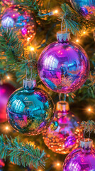 Colorful iridescent Christmas ornaments hanging on decorated tree with lights