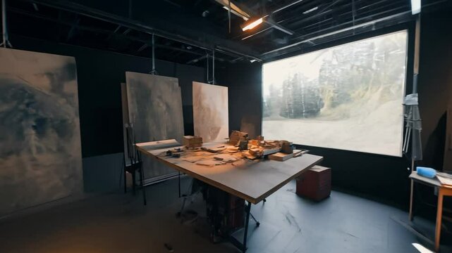 camera slowly rotates 360 degrees in modern art studio with canvases and sculpting materials, focused spotlights
