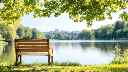 Obraz premium Early morning sunlight glows over a quiet park with an empty bench by a serene lake. The golden hour นด the gentle swaying trees and calm water, offering a escape for a peaceful Sunday reflection.