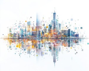 Obraz premium Supercomputer visualizing IoT interactions across an entire smart city, holographic display of networks, urban tech