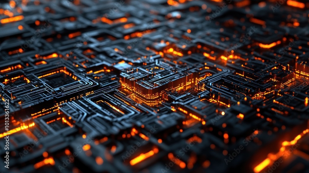 Poster a close-up view of a futuristic circuit board with glowing elements.