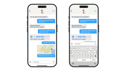 Smartphone Messaging: Chat App Frame with Speech Bubble, Map Sharing, and Voice Message Features. Vector.