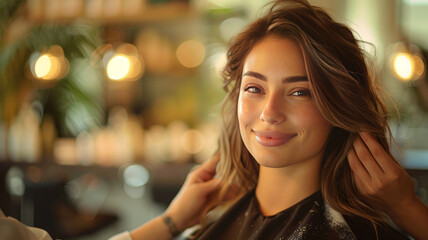 Obraz premium female hairstylist working on beautiful woman hair