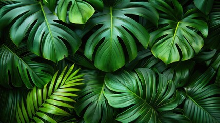 closeup tropical nature view of green leaf and palms background. Flat lay, dark nature concept, tropical leaf, copy space