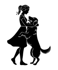 Fototapeta premium Vector silhouette of woman with her happy dog. Isolated on a white Background.