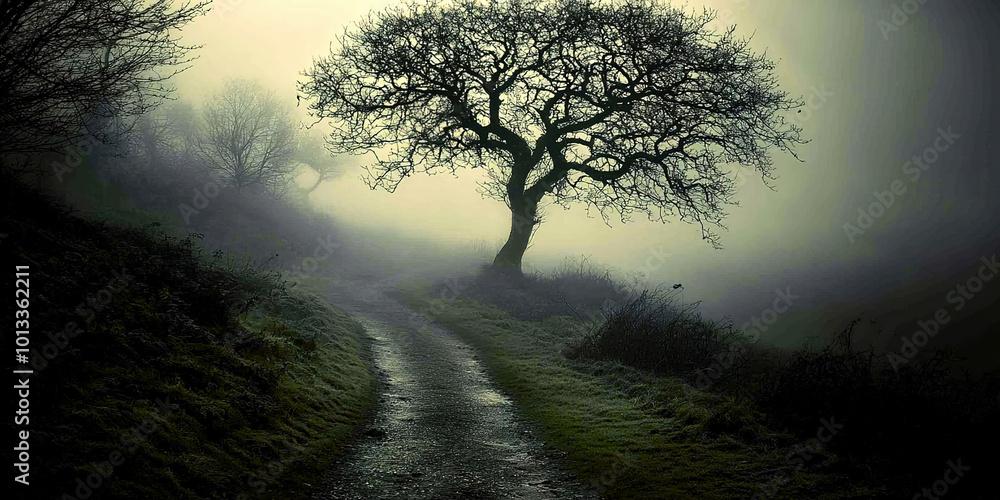 Poster A tree is in the middle of a forest with foggy weather