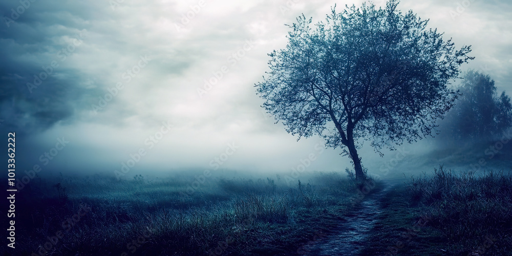 Poster a tree stands in a foggy field