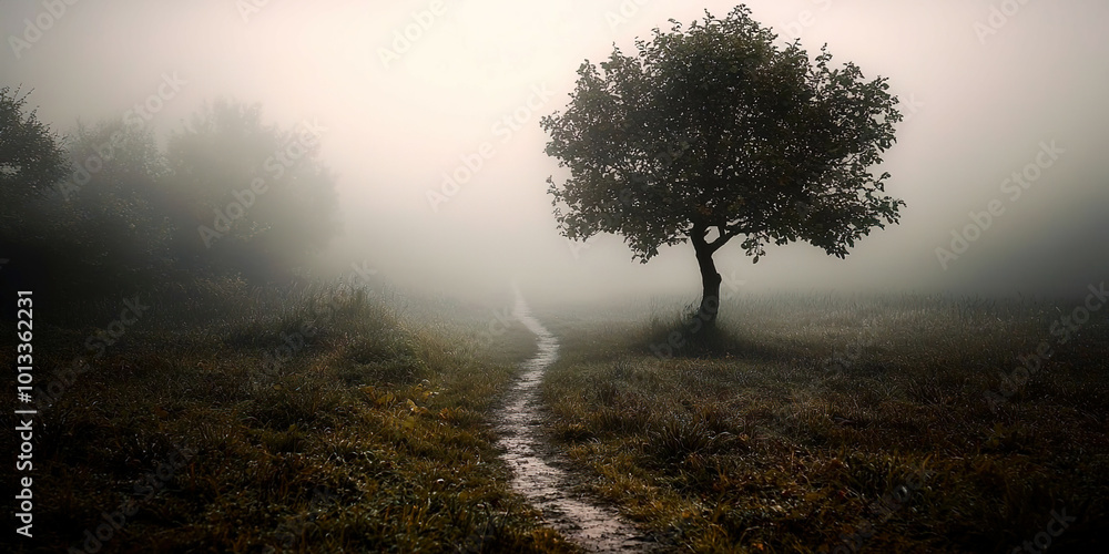 Poster A tree stands in a foggy field with a path leading to it