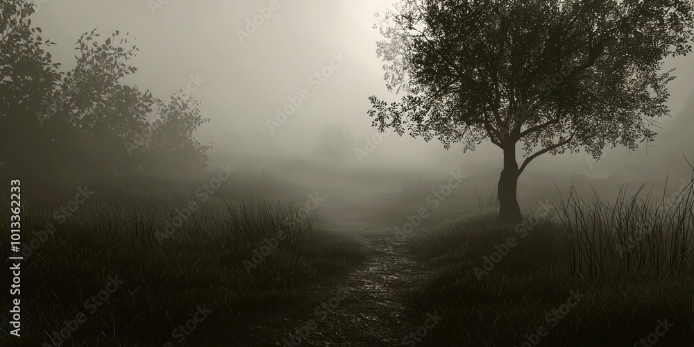 Poster A tree is in the middle of a foggy field