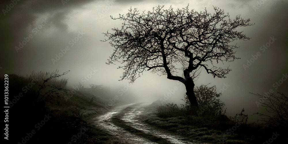 Aufkleber a tree stands alone in a foggy field