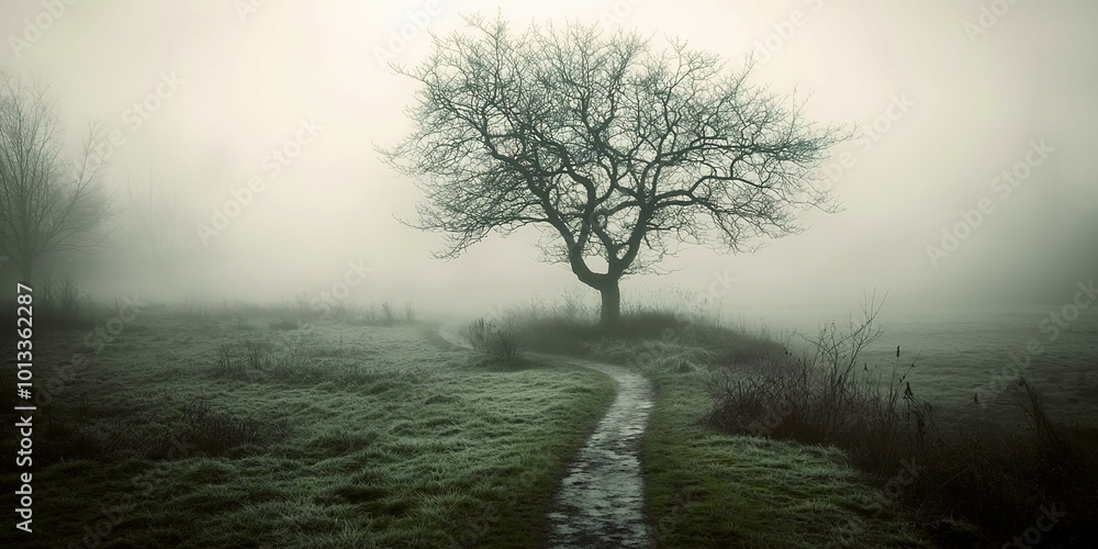 Poster a tree stands alone in a foggy field