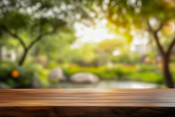 A potted plant sits on a wooden table in a park