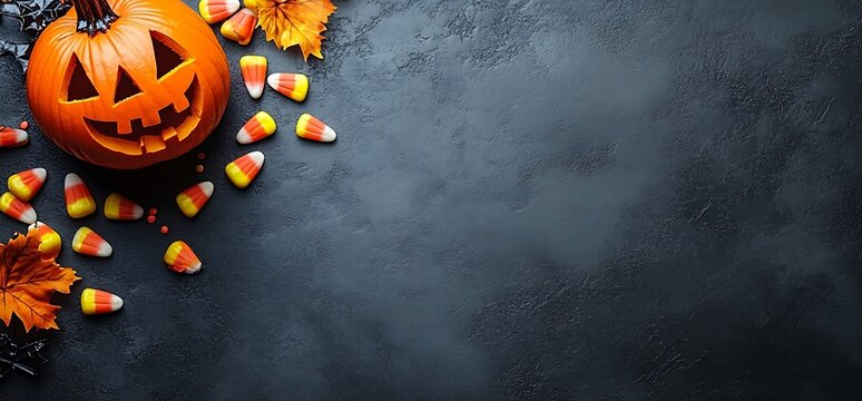 Jack-o'-lantern with candy corn on dark background.