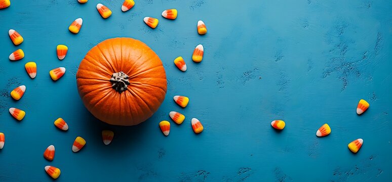 Single orange pumpkin with candy corn on blue background.