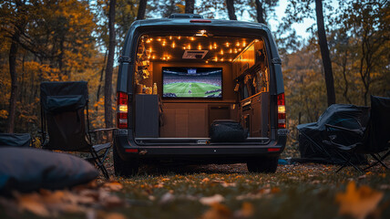 Friends are watching a live game on a smart TV in the back of a camping SUV.