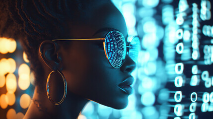 Side profile of a woman exploring futuristic digital visuals