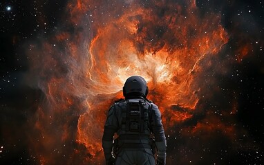 Naklejka premium Astronaut exploring a fiery cosmic landscape