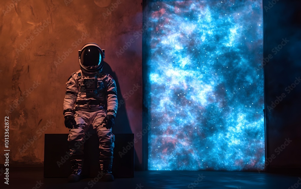 Wall mural astronaut in spacesuit standing in front of cosmic background