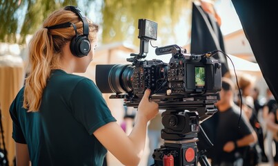 A woman films with a professional camera.